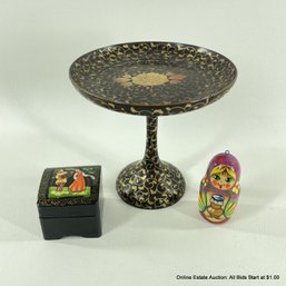 Trio Of Lacquerware Small Objects, Pedestal, Box And Doll