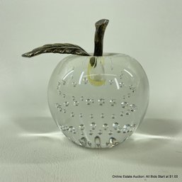 Art Glass Apple With Metal Stem And Leaf Paperweight