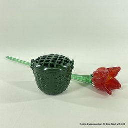 Dept 56 Green Metal Flower Frog Art Glass Tulip
