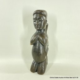 Carved Wood Figure Pregnant  Lady With Child On Her Back