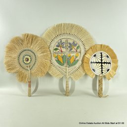 3 Hand Woven Fans With Shell And Hand Painted Designs