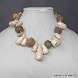 Shell & Carved Wood Beaded Single Strand Necklace On Cord