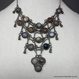 Silver Tone Chainmail-Style Semiprecious Stone Statement Bib Necklace