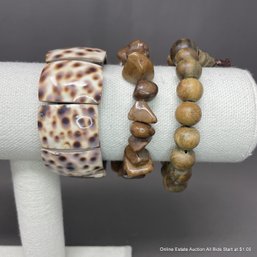 Tiger Shell Bracelet, Buddhist Wood Mala Bracelet & Polished Brown Stone Bracelet