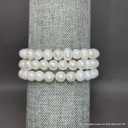 3 Cultured White Pearl Bracelets On Elastic Cords