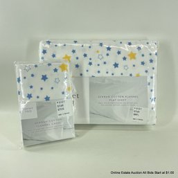 Garnet Hill Queen German Cotton Flannel Flat Sheet And Pillowcases With Star Pattern In Original Packaging
