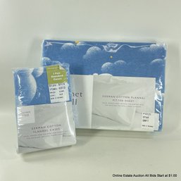 Garnet Hill Queen German Cotton Flannel Fitted Sheet And Pillowcases With Clouds Pattern In Original Packaging