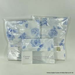 Garnet Hill Double Portuguese Cotton Percale Blue Rose Pattern Sheet Set In Original Packaging