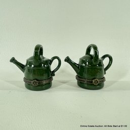 Pair Of Two's Company Green Porcelain Watering Can Trinket Boxes 2.5'