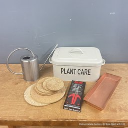 Plant Care Metal Tote, Watering Can, Joyce Chen Scissors, Copper Tray & Cork Coasters