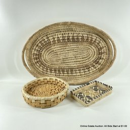 Three Woven Trays In Assorted Shapes And Sizes
