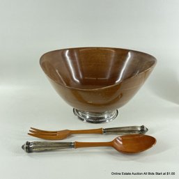 Vintage Hand Turned Mahogany Salad Bowl With Wood And Silver Plate Salad Tongs