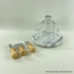 Marble Cheese Plate With Glass Dome & 3 Cheese Knives
