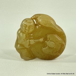 Carved Jadeite Boy With Drum & Bat Carving 2'