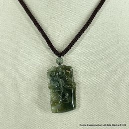 Chinese Carved Jadeite Dragon Pendant On Cord 2'