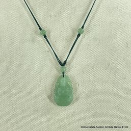 Carved Chinese Jadeite Pendant On Jadeite Beaded Cord Necklace 22'