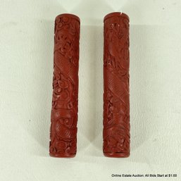 Pair Of Cinnabar Red Lacquer Brush Covers 3.75' Each