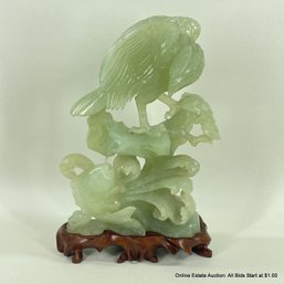 Carved Jadeite Eagle & Fish Sculpture On Stand 10'