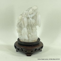 White Carved Jadeite Carved Philosophers Scene Sculpture 5.75' On Stand