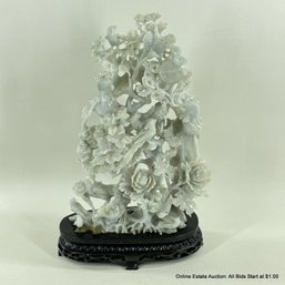 Carved Jadeite Chinese Tree Of Life Sculpture On Stand 12.25'