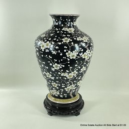 Chinese Famille Noir Signed Porcelain Vase On Stand 17.5' (LOCAL PICK UP ONLY)