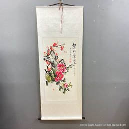 Chinese Peony & Plum Blossom Flowering Tree Scroll Painting 62' X 24'