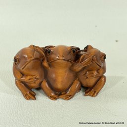 Carved Wood Signed Hear No Evil, See No Evil, Speak No Evil Frog Carving 2.25'