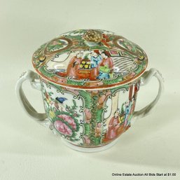 Chinese Porcelain Rose Medallion Lidded Two-handled Cup  4.5'