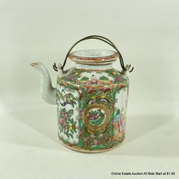 Antique Famille Rose Medallion Teapot With Strainer & Lid 5.5'