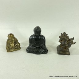 Three Bronze Figurines, Two Buddhas And A Dragon 1.5' - 2.5'