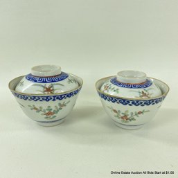 Two Porcelain Chinese Lidded Tea Bowls Signed