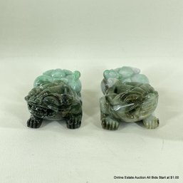 Pair Of Jadeite Foo Dogs Green And White