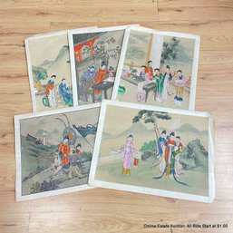 Set Of 5 Chinese Watercolors On Paper Not Framed 16' X 19'