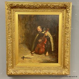 C Martin Hardy Oil Painting On Canvas Monk Playing A Cello In Gilded Frame (LOCAL PICK UP ONLY)