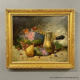 Oil On Canvas Signed Raymouard Still Life With Basket Of Grapes