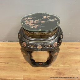 Chinese Lacquered Wood Garden Stool With Glass Top & Floral & Avian Decoration (LOCAL PICK UP ONLY)