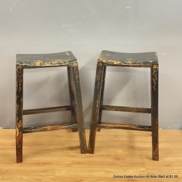 Pair Of Antique Chinese Painted Wood Barstools