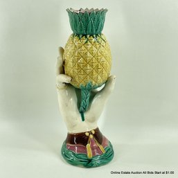 Vintage Majolica Hand Holding A Pineapple Candle Holder Or Vase