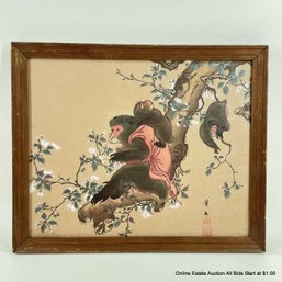 Original Japanese Block Print With Watercolor Of Monkeys In Cherry Tree, Signed