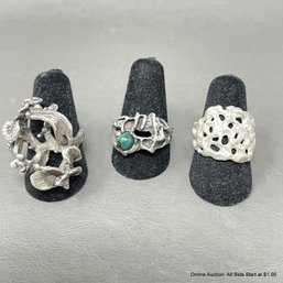 Three Custom-made Likely Sterling Silver Rings One With Malachite 26 Grams