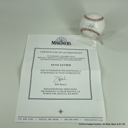 Stan Javier Autographed Baseball With Hologram & Seattle Mariners C.O.A. In Display Box