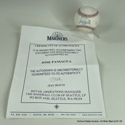 Jose Paniagua Autographed Baseball With Seattle Mariners C.O.A.