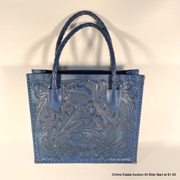 Alexandro Yeo Blue Tooled Leather Large Tote Bag