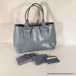Lot Cole Haan Biltmore Top Handle Tote In Silver Blue With Rolfs Wallet, Coin Purse, And Card Case