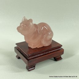 Rose Quartz Carved Cat On Stand