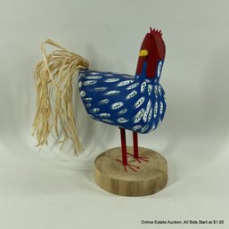 Folksy Carved And Painted Wood Chicken With Raffia Tail Signed 'Herb'