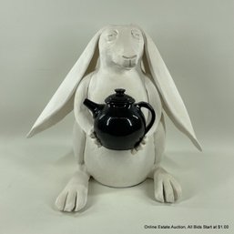 Large White Lop Eared Bisque Fired Rabbit Holding A Tea Pot