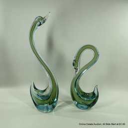 Pair Of Murano Glass Swans In Blue And Green