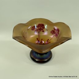 Footed Iridescent Blown Glass Dish With Hand Painted Tree Design
