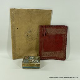 2 Vintage Leather Book Covers And A Small Wooden Box